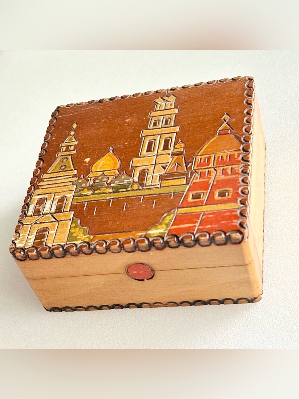 Russian Hand-Painted Wooden Keepsake Trinket Jewelry Box 3” x 1.25”